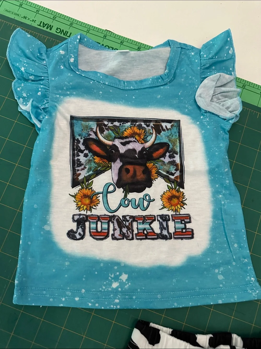 Cow Junkie Girls Matching Set - Turquoise Tee & Cowprint Shorts